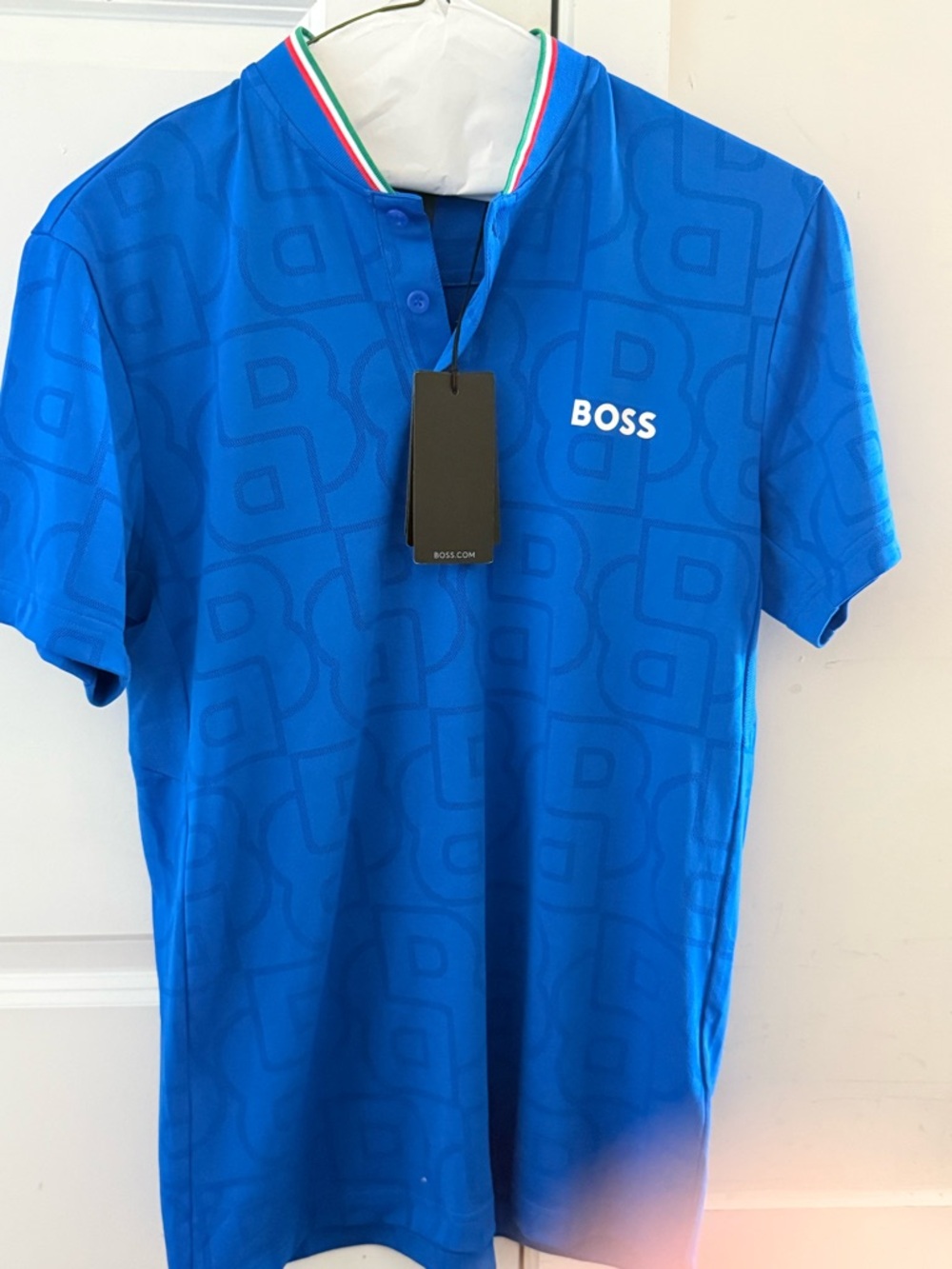 Hugo Boss Royal Blue Monogram Polo with Tricolor Collar